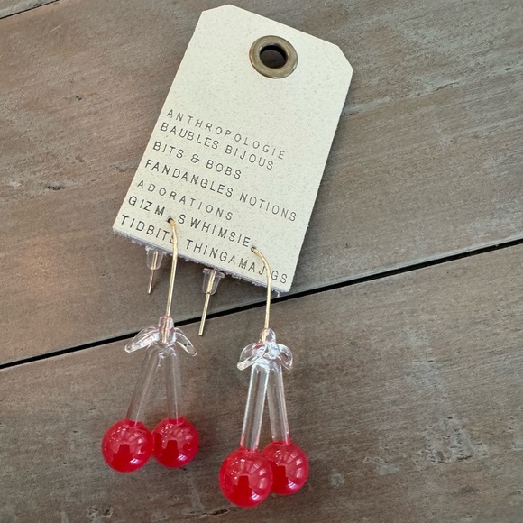 Anthropologie Fruit Icon Glass Drop Earrings Cherries 14k Gold Plated New - Picture 2 of 5